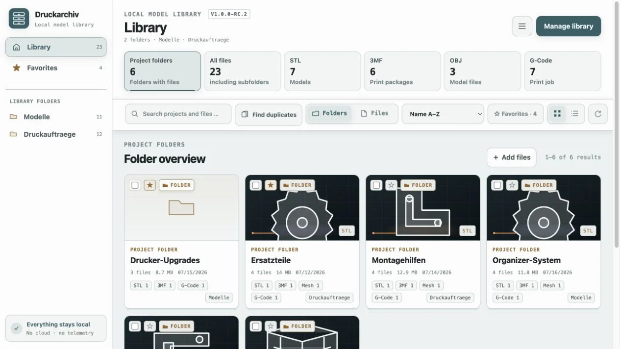 Druckarchiv Quiet Material library showing folders, filters and local model previews